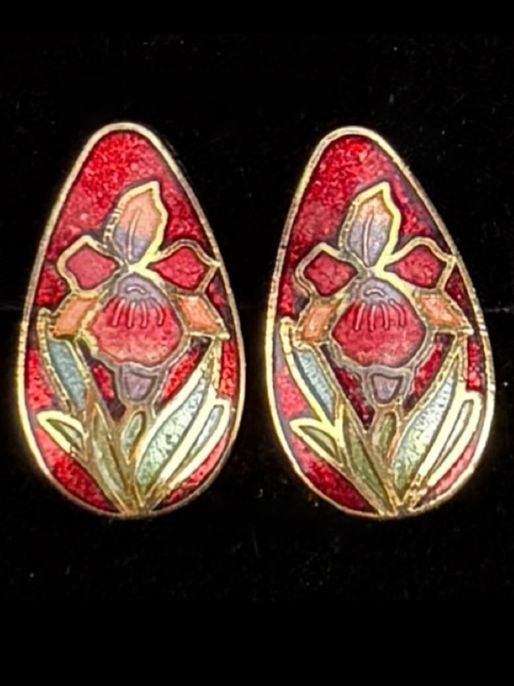 Vintage cloisonné red Asian inspired pierced earrings